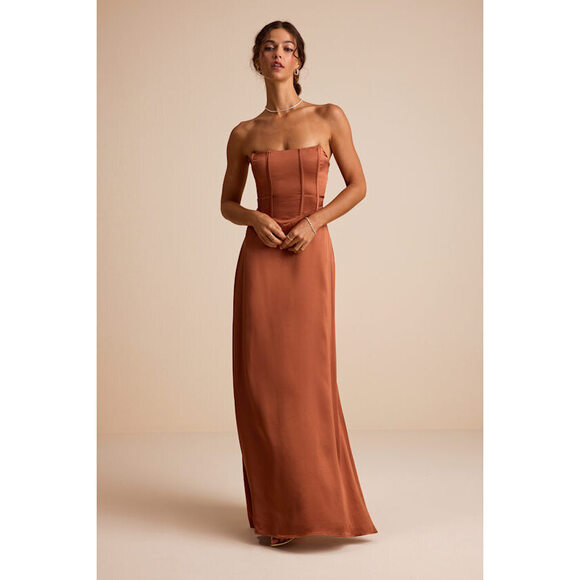 Lulus Dresses & Skirts - Lulus Extraordinary Presence Rust Brown Satin Strapless Maxi Dress - Size S